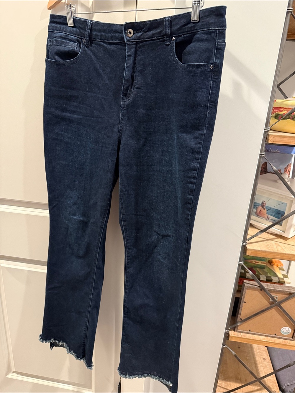 CHARLIE B Dark Blue Cropped Frayed Hem Jeans